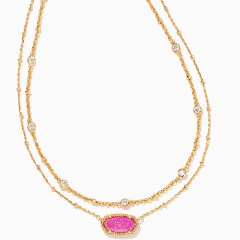 NWT Barbie™ x Kendra Scott Gold Elisa Multi Strand Necklace in Hot Pink Drusy